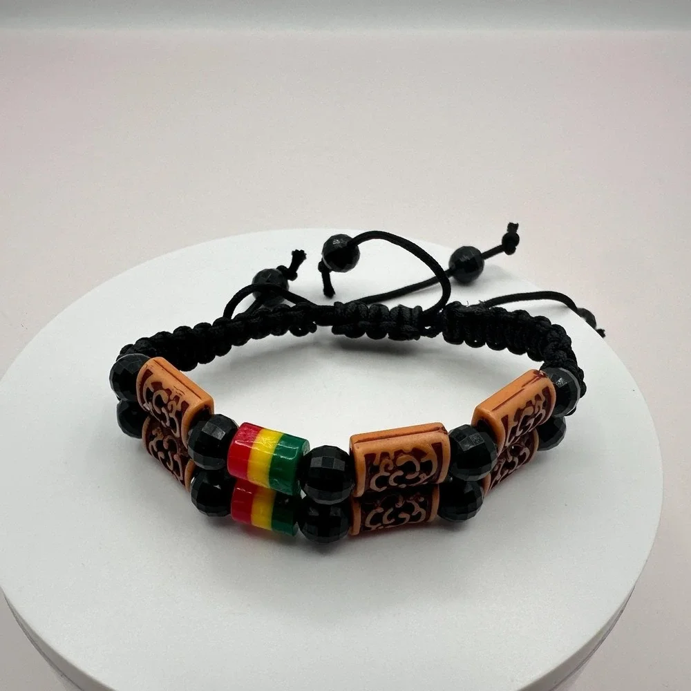 Vintage‎ Y2K Rasta Braided Macrame Beaded Double Strand Bracelet Women's Jewelry
